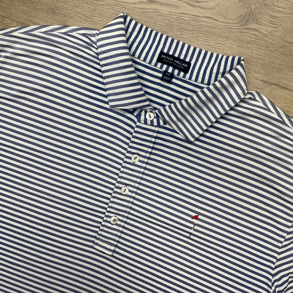 Peter Millar Dormie Club Polo Shirt Mens XXL Blue Striped Crown Crafted READ